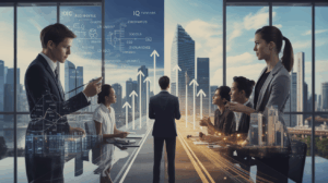 Split-screen of Singapore office: left IQ executive with analytics, right EQ team meeting.