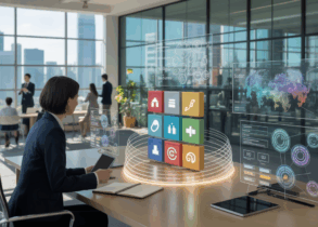 Sunlit office with digital tools spiraling above a desk, Singapore skyline view.