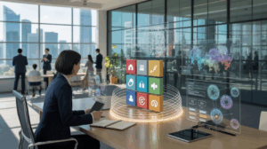 Sunlit office with digital tools spiraling above a desk, Singapore skyline view.