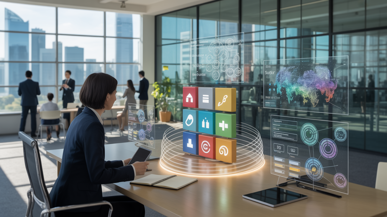 Sunlit office with digital tools spiraling above a desk, Singapore skyline view.