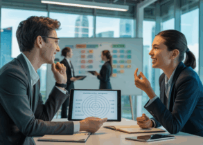 Two professionals in a Singapore office discuss emotional intelligence with a tablet.