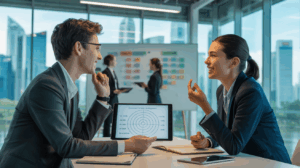 Two professionals in a Singapore office discuss emotional intelligence with a tablet.