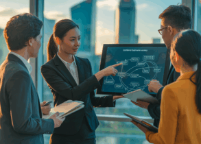 Asian female coach guides diverse professionals through a digital journey map in a Singapore training room.