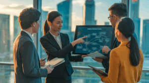 Asian female coach guides diverse professionals through a digital journey map in a Singapore training room.