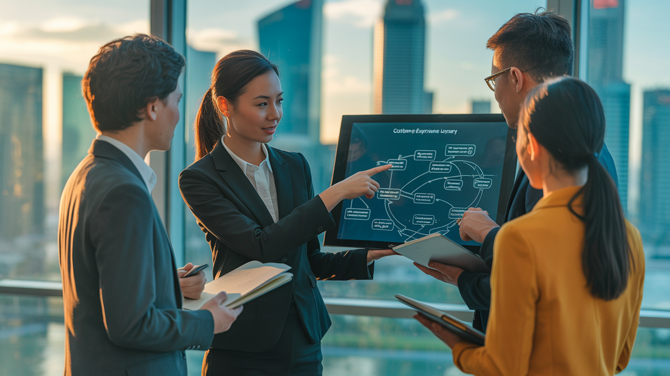 Asian female coach guides diverse professionals through a digital journey map in a Singapore training room.