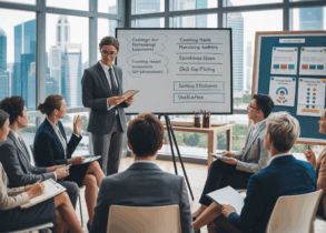 Business workshop in Singapore with facilitator at whiteboard, diverse professionals engaged.