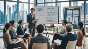Business workshop in Singapore with facilitator at whiteboard, diverse professionals engaged.
