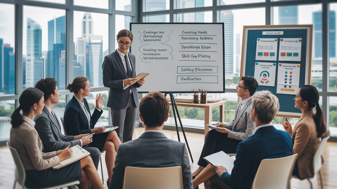 Business workshop in Singapore with facilitator at whiteboard, diverse professionals engaged.