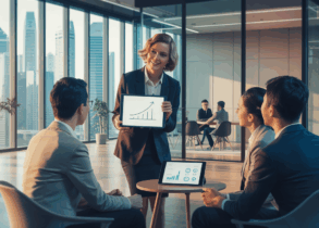 Corporate meeting in Singapore high-rise with diverse team and female manager coaching.