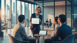 Corporate meeting in Singapore high-rise with diverse team and female manager coaching.