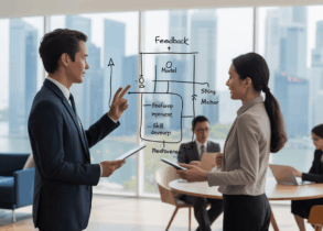 Diverse mentor and mentee in a Singapore office using a feedback model on a glass board.