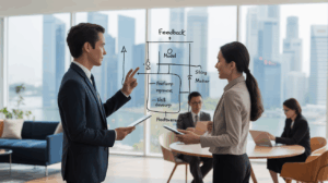 Diverse mentor and mentee in a Singapore office using a feedback model on a glass board.