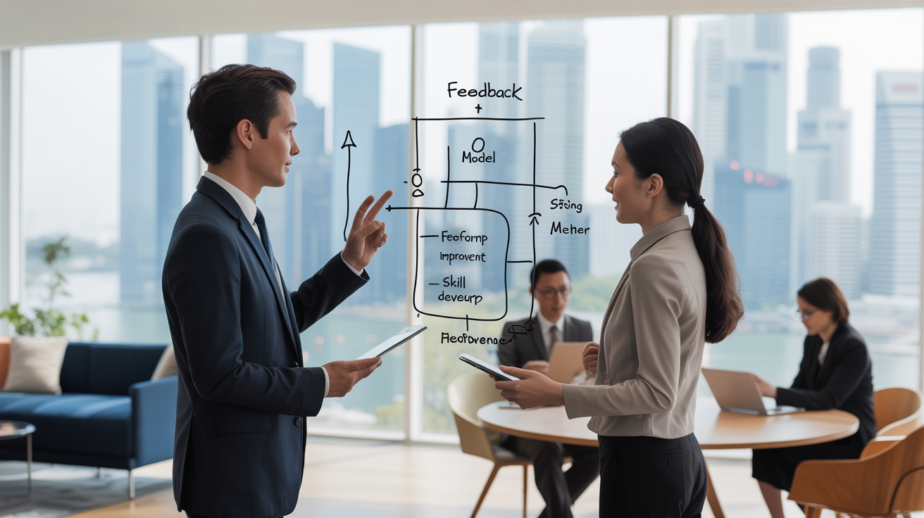 Diverse mentor and mentee in a Singapore office using a feedback model on a glass board.
