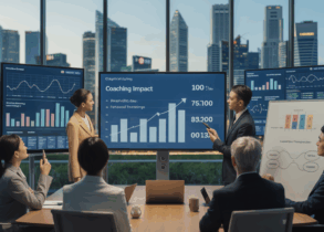 Diverse professionals in a boardroom analyze coaching ROI on interactive screens with city skyline.