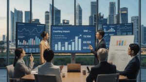 Diverse professionals in a boardroom analyze coaching ROI on interactive screens with city skyline.