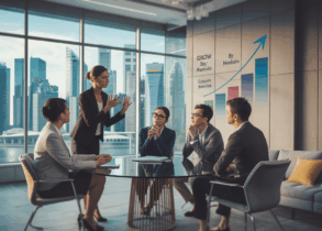 Diverse team in a modern Singapore office with Marina Bay view, engaging in coaching session.