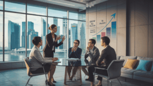 Diverse team in a modern Singapore office with Marina Bay view, engaging in coaching session.