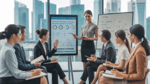 Diverse team in customer service coaching session in modern Singapore office.