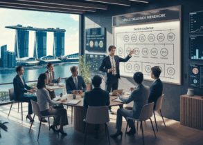 Diverse trainer leads a corporate workshop in a sleek room with Singapore skyline view.