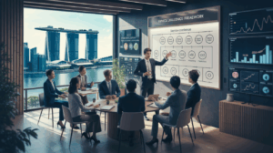 Diverse trainer leads a corporate workshop in a sleek room with Singapore skyline view.
