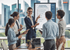 Female leader presents checklist, team discusses in bright office with Singapore skyline.