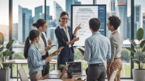 Female leader presents checklist, team discusses in bright office with Singapore skyline.