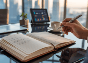 Leather journal on glass desk in Singapore office with pen, tablet, and city view.