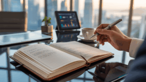 Leather journal on glass desk in Singapore office with pen, tablet, and city view.