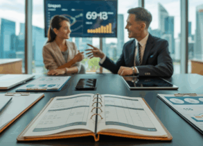 Manager and employee in a modern Singapore office, discussing documents with a digital dashboard, Asian decor, and skyline view.