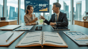 Manager and employee in a modern Singapore office, discussing documents with a digital dashboard, Asian decor, and skyline view.