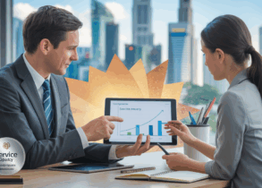 Manager coaches employee with tablet at modern office, Singapore skyline visible.