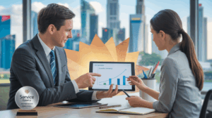 Manager coaches employee with tablet at modern office, Singapore skyline visible.