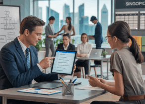Manager mentors team member in modern office with Singapore skyline view.