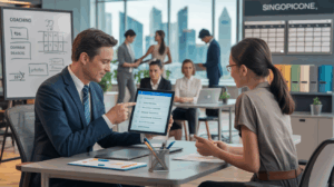 Manager mentors team member in modern office with Singapore skyline view.