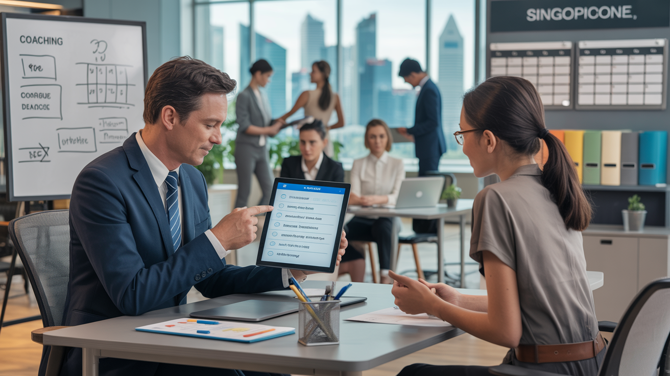 Manager mentors team member in modern office with Singapore skyline view.