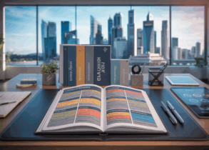 Modern coaching workspace in Singapore, focus on playbook, city skyline view.