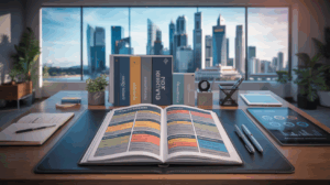 Modern coaching workspace in Singapore, focus on playbook, city skyline view.