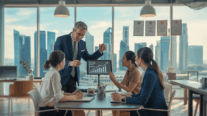 Modern Singapore office with leader coaching diverse team, city skyline visible.