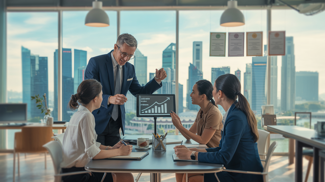 Modern Singapore office with leader coaching diverse team, city skyline visible.
