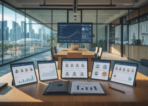 Modern Singapore workspace with tablets displaying coaching tools, Marina Bay Sands view.
