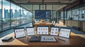 Modern Singapore workspace with tablets displaying coaching tools, Marina Bay Sands view.