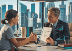 Professional coaching session in a modern Singapore office with city skyline.