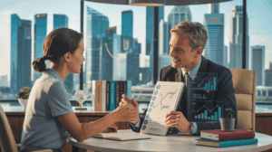 Professional coaching session in a modern Singapore office with city skyline.