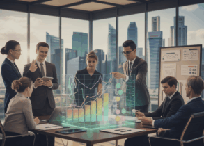 Professionals in a modern Singapore boardroom analyze 3D holographic metrics.