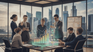 Professionals in a modern Singapore boardroom analyze 3D holographic metrics.