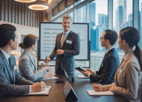 Singapore boardroom with a coach leading diverse professionals by a whiteboard, skyline view.