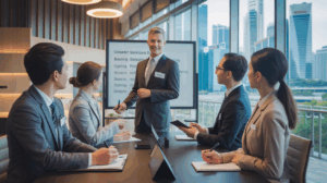 Singapore boardroom with a coach leading diverse professionals by a whiteboard, skyline view.