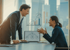 Singapore office: two professionals in coaching session, leadership diagram on table.