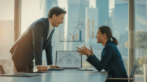 Singapore office: two professionals in coaching session, leadership diagram on table.