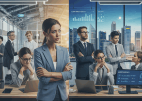 Split-screen: a frustrated team in disarray, then confident in a sleek office with digital tools.
